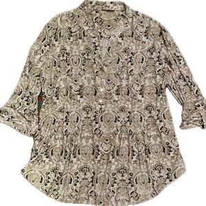 NY Collection Women’s Floral Paisley Cream & Brown XL 3/4 Roll Tab Sleeve Blouse